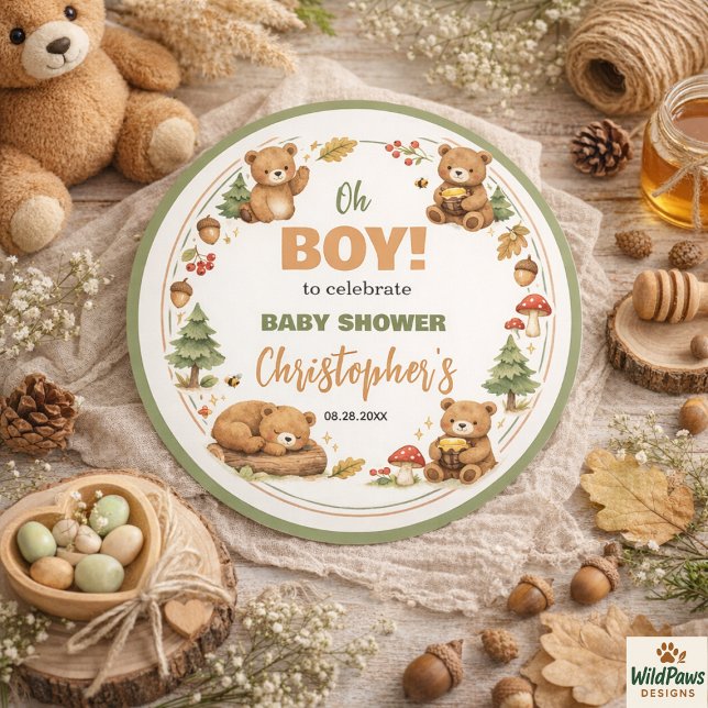 Oh Boy Watercolor Woodland Bear Baby Shower Runder Aufkleber (Oh Boy Watercolor Woodland Bear Baby Shower Classic Round Sticker)