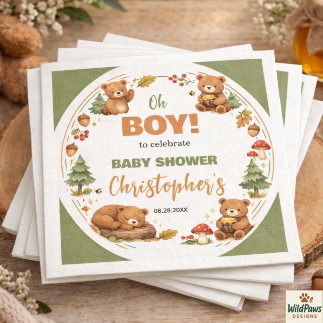 Oh Boy Watercolor Woodland Bear Baby Shower Serviette (Oh Boy Watercolor Woodland Bear Baby Shower Napkins)