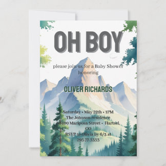 Oh Boy Watercolor Woodland Mountain Baby Shower  Einladung