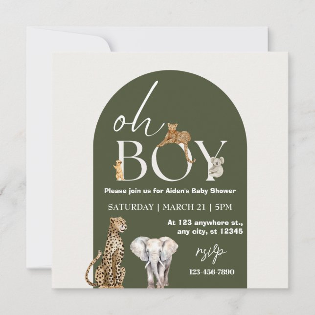 Oh Boy Wild One Animals Boy Baby Shower Einladung (Vorderseite)