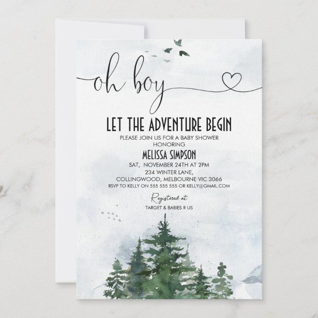 Oh Boy Wilderness Heart Calligraphy Baby Shower Einladung (Vorderseite)