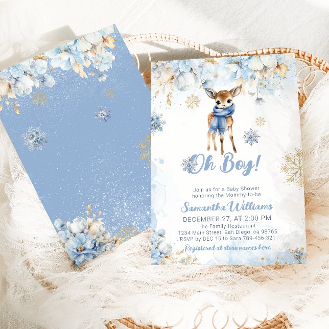 Oh Boy Winter Blue Floral & Deer Baby Dusche Einladung (Von Creator hochgeladen)