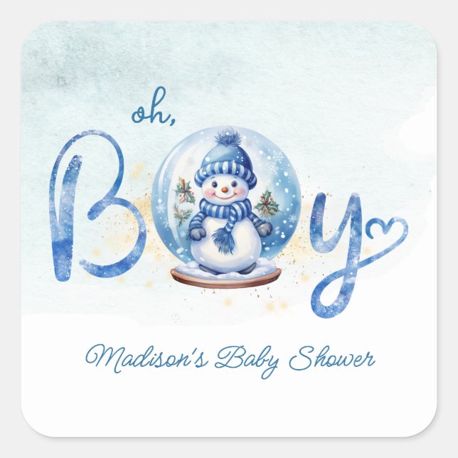 Oh Boy Winter Theme Baby Dusche Quadratischer Aufkleber (Vorderseite)