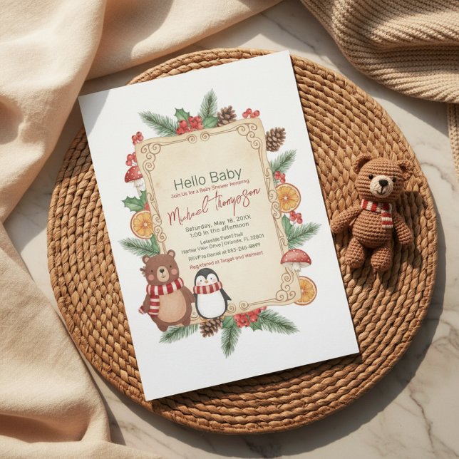 Oh Boy Woodland Winter Baby Shower Invitation Einladung (Von Creator hochgeladen)