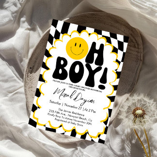 Oh Boy! Yellow Checkered Happy Face Baby Shower Einladung