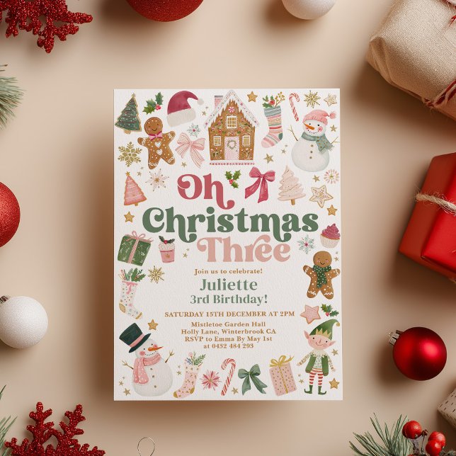 Oh Christmas Three 3rd Birthday Xmas theme Festive Einladung (Oh Christmas Three! Christmas themed 3rd birthday party Kids party)