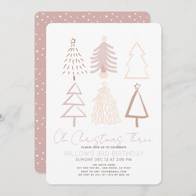 Oh Christmas Three Boho Pink Trees 3rd Birthday Einladung (Vorne/Hinten)