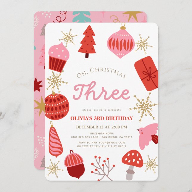 Oh Christmas Three Christmas Pink 3rd Birthday Einladung (Vorne/Hinten)