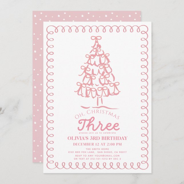 Oh Christmas Three Pink Bow Tree 3rd Birthday Einladung (Vorne/Hinten)