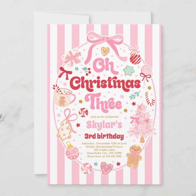 Oh Christmas Tree Coquette Bow 3rd Birthday Einladung (Vorderseite)