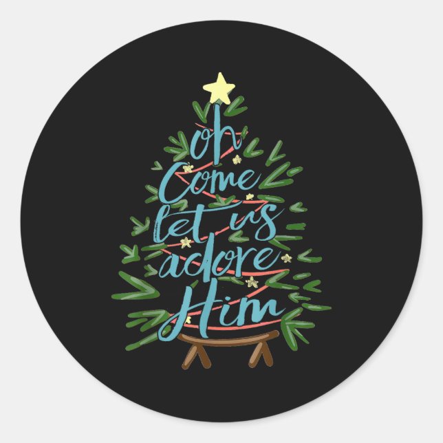Oh Come Let Us Adore Him, Christmas Tree Quote  Runder Aufkleber (Vorderseite)