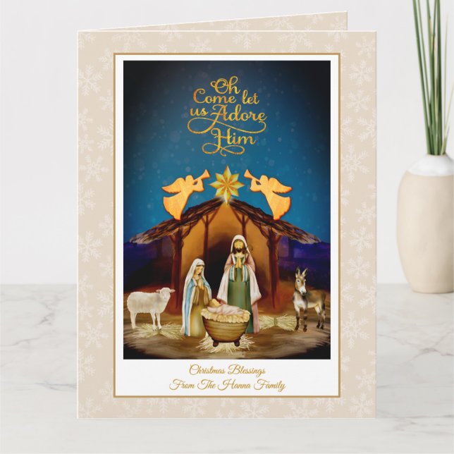 "Oh Come Let Us Adore Him" Nativity Christmas Karte (Vorderseite)