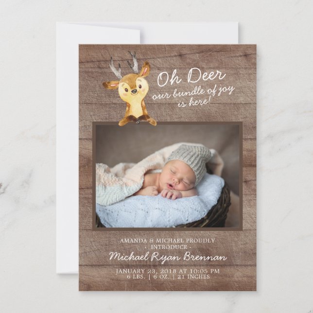 Oh Deer Baby Boys Foto Geburtsankündigung Ankündigung (Vorderseite)