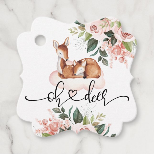 Oh Deer Baby Dusche Aquarell Blütenfarbe Geschenkanhänger (Vorderseite)