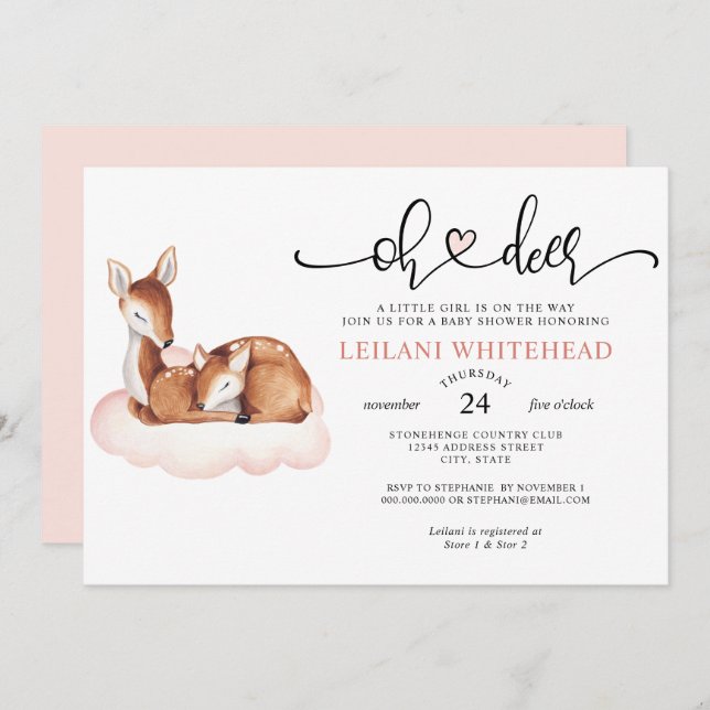 Oh Deer Baby Dusche Wasserfarbe Rosa Cloud Einladung (Vorne/Hinten)