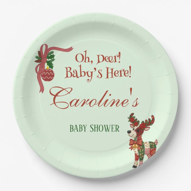 Oh, Deer! Baby’s Here! – Christmas Baby Shower Pappteller (Vorderseite)