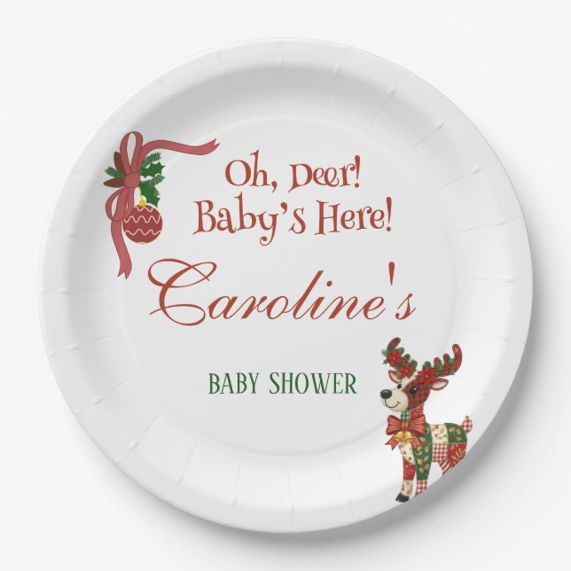 Oh, Deer! Baby’s Here! – Christmas Baby Shower Pappteller (Vorderseite)