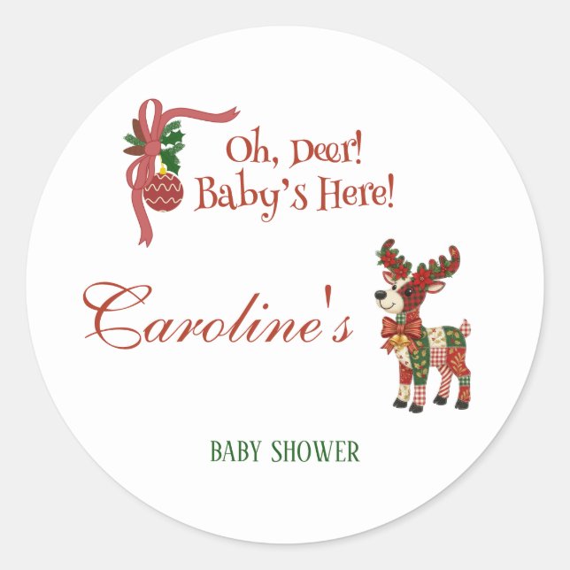 Oh, Deer! Baby’s Here! – Christmas Baby Shower Runder Aufkleber (Vorderseite)