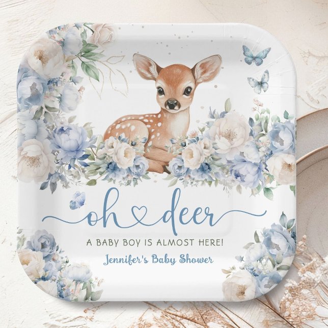 Oh Deer Baby Shower Boy Dusty Blue Paper Pappteller (Von Creator hochgeladen)