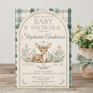 Oh Deer Baby Shower Kariert Wald Sage Grün Einladung