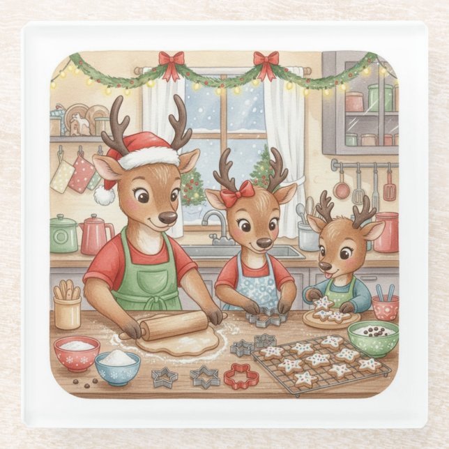 Oh Deer, Christmas Is Here! Glass Coaster Glasuntersetzer (Vorderseite)