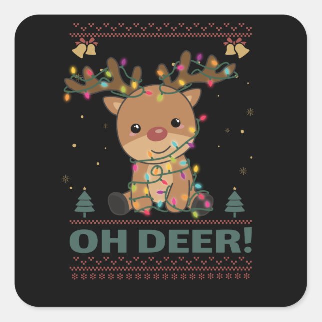 Oh Deer Funny Reindeer Deer Puff Weihnachten Quadratischer Aufkleber (Vorderseite)
