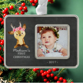 Oh Deer Girls Baby's 1. Weihnachts-Foto Ornament Rahmen-Ornament Silber
