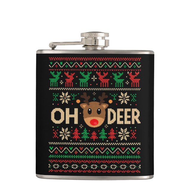 Oh Deer hässlicher Weihnachtspullover-Flachmann Flachmann (Vorderseite)