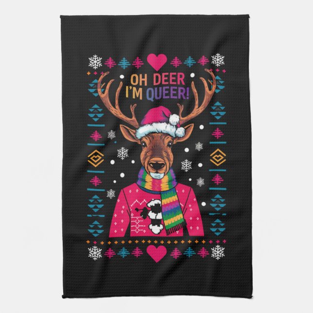Oh Deer ich bin Que LGBT LGBTQ Gay Pride Ugly Xmas Geschirrtuch (Vertikal)