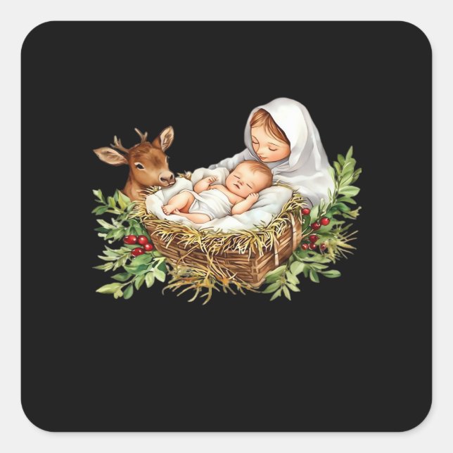 Oh Deer Mary Nativity Scene Christmas Jesus   Quadratischer Aufkleber (Vorderseite)