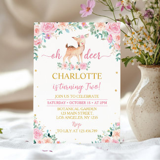 Oh Deer Pink Floral 2. Geburtstag Einladung