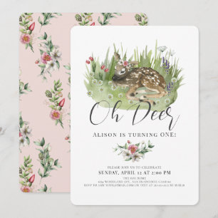 Oh Deer Pink Floral Girl 1. Geburtstag Einladung
