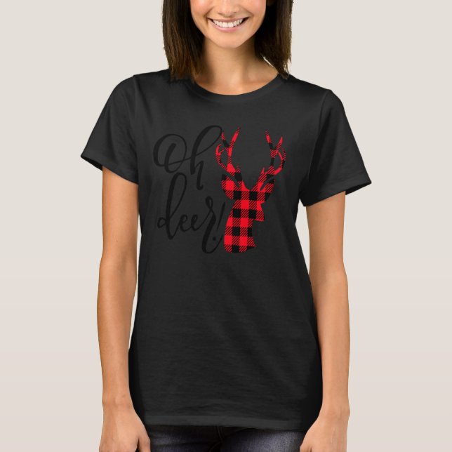 Oh Deer Reindeer Red Kariert Buffalo Christmas Paj T-Shirt (Vorderseite)