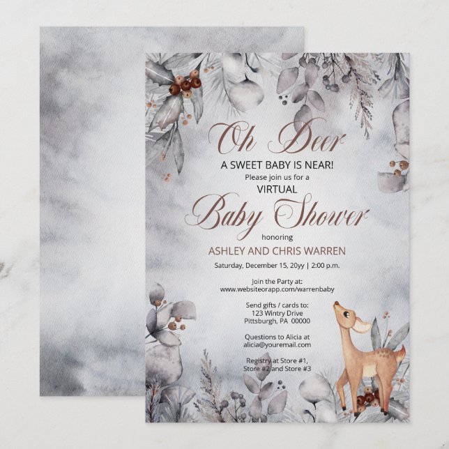 Oh Deer Rustic Winter Floral Virtual Baby Dusche I Einladung (Vorne/Hinten)