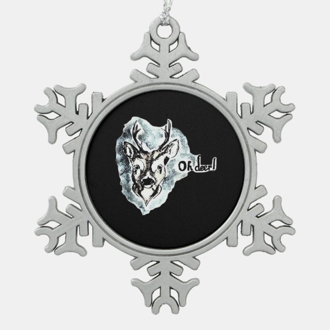 Oh Deer Trendiger moderner Stil  Schneeflocken Zinn-Ornament (Vorderseite)