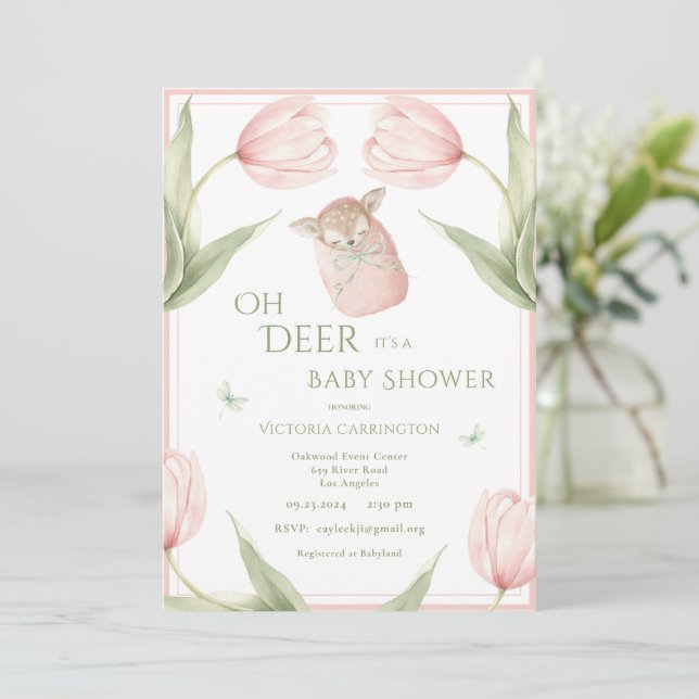 Oh Deer Tulips Pink Baby Shower Einladung (Stehend Vorderseite)