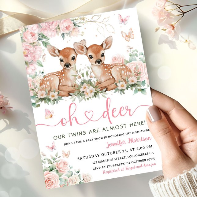 Oh Deer Twin Girls Baby Shower Pink Invitation Einladung (Von Creator hochgeladen)