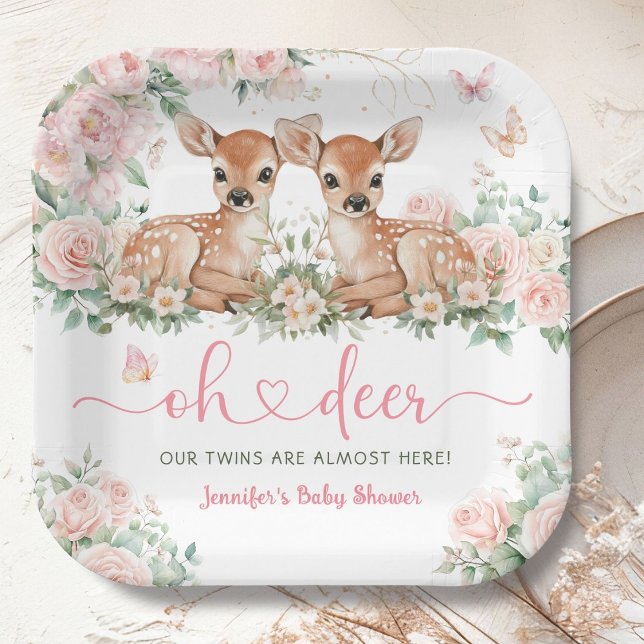 Oh Deer Twin Girls Baby Shower Pink Pappteller (Von Creator hochgeladen)