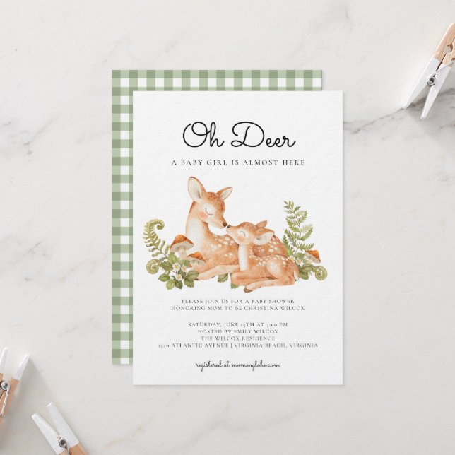 Oh Deer Wald Wald Baby Shower  Einladung (Vorderseite/Rückseite Beispiel)