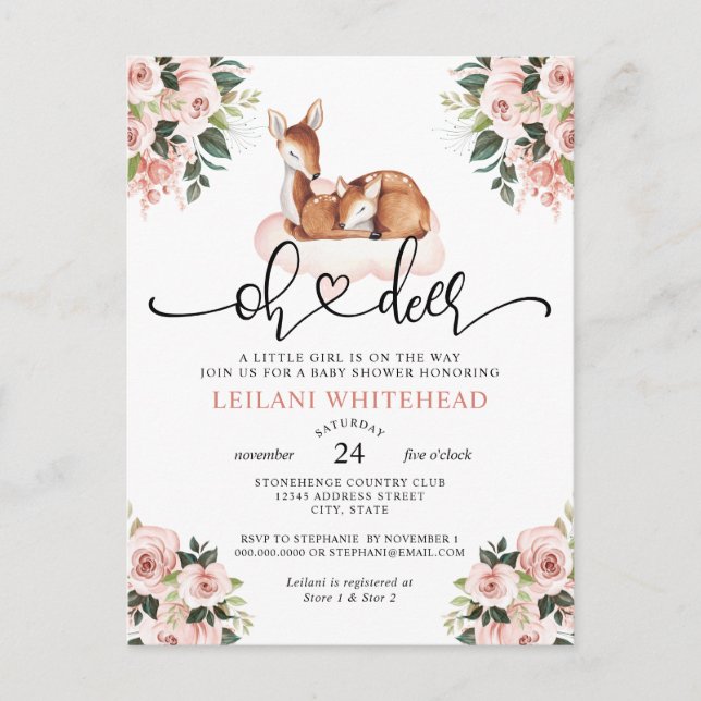 Oh Deer Watercolor Botanical Floral Baby Shower Postkarte (Vorderseite)