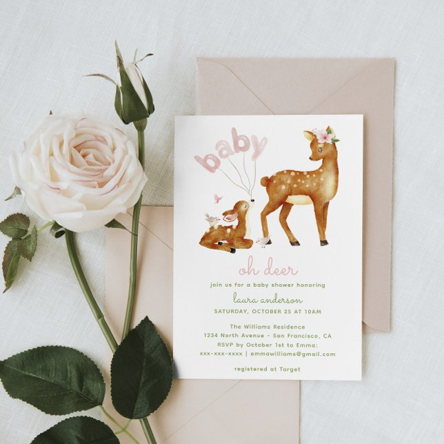 Oh Deer Watercolor Floral Baby Dusche Einladung (baby shower invitation with mother and baby deer illustrations in watercolor painting)