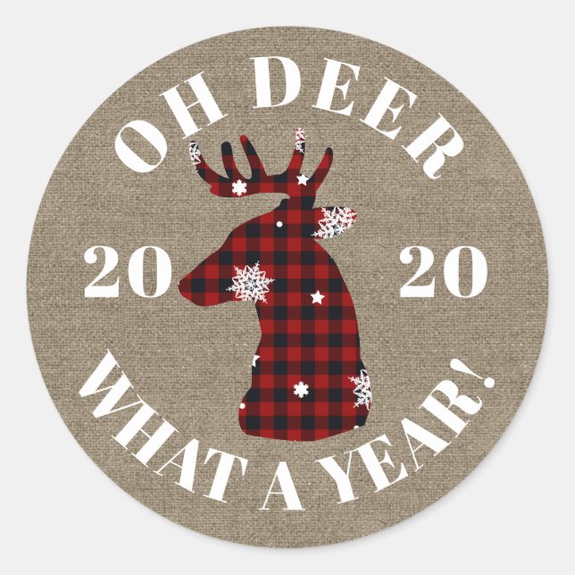 Oh Deer What a Year 2020 Burlap Buffalo Kariert Runder Aufkleber (Vorderseite)