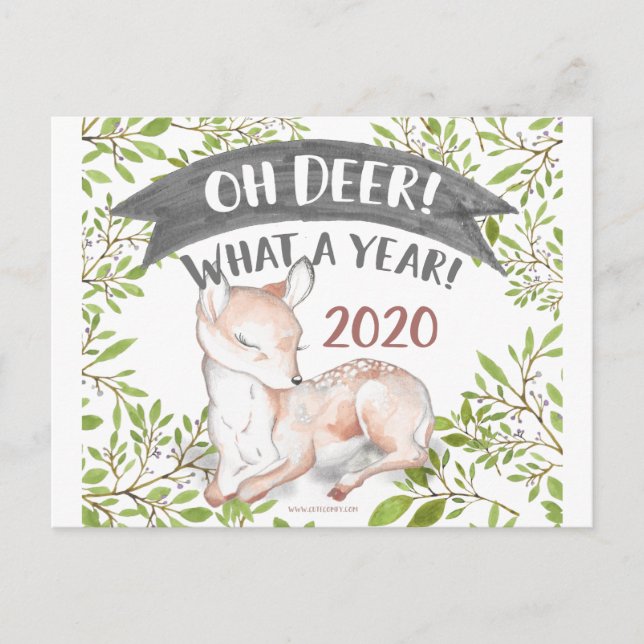 Oh Deer What a Year Funny 2020 Woodland Weihnachte Postkarte (Vorderseite)