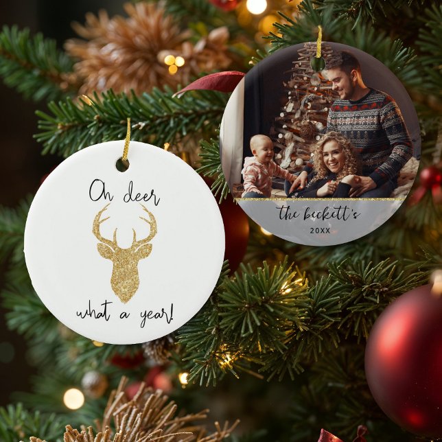 Oh Deer, What A Year! Funny Christmas Custom Photo Keramik Ornament (Von Creator hochgeladen)