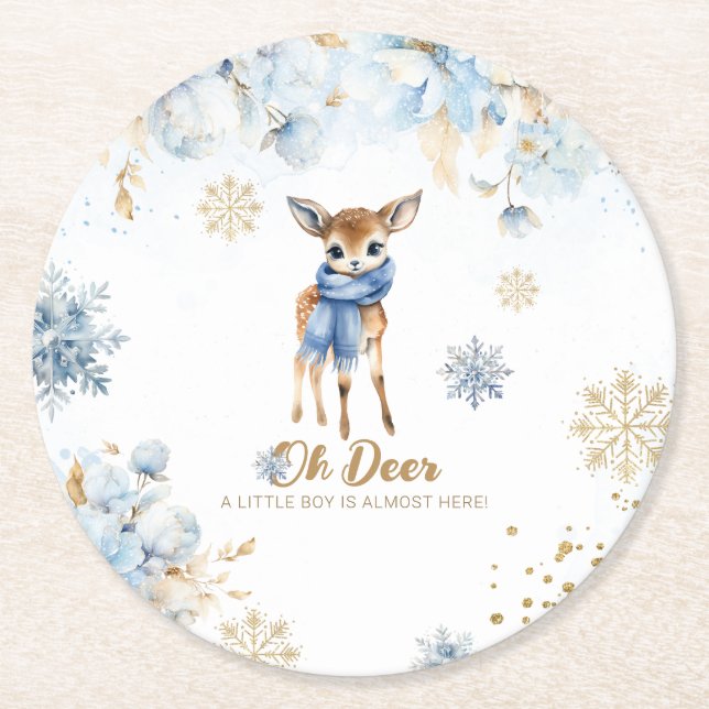 Oh Deer Winter Baby Boy Dusche Runder Pappuntersetzer (Vorderseite)