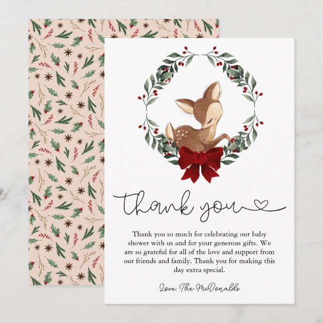 Oh Deer Winter Greenery Baby Dusche Danke Karte (Vorne/Hinten)