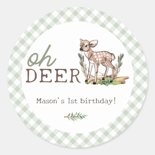 Oh Deer Woodland Baby Deer Birthday Runder Aufkleber (Vorderseite)