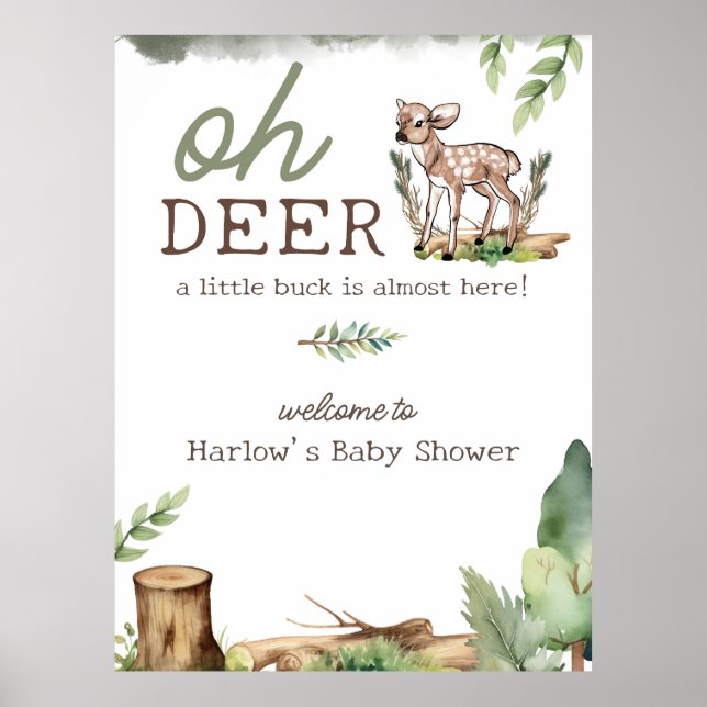 Oh Deer Woodland Deer Baby Dusche Begrüßungszeiche Poster (Vorne)