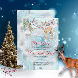 Oh Deer Woodland Tiere Winter Frieden und Liebe Feiertagskarte<br><div class="desc">"Oh Deer,  die Feiertage sind hier!" Waldtiere - Hirsche und Vögel mit einem immergrünen Zweig und roten Beeren unter dem Schneefall - "Frieden und Liebe" Design.</div>