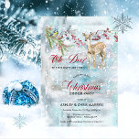Oh Deer Woodland Tiere Winter Weihnachtsfest Party Einladung<br><div class="desc">"Oh Deer,  die Feiertage sind hier!" Waldtiere - Hirschfaegen und Vögel mit einem immergrünen Zweig und roten Beeren unter dem Schneefall - "Weihnachts-Party"-Design.</div>
